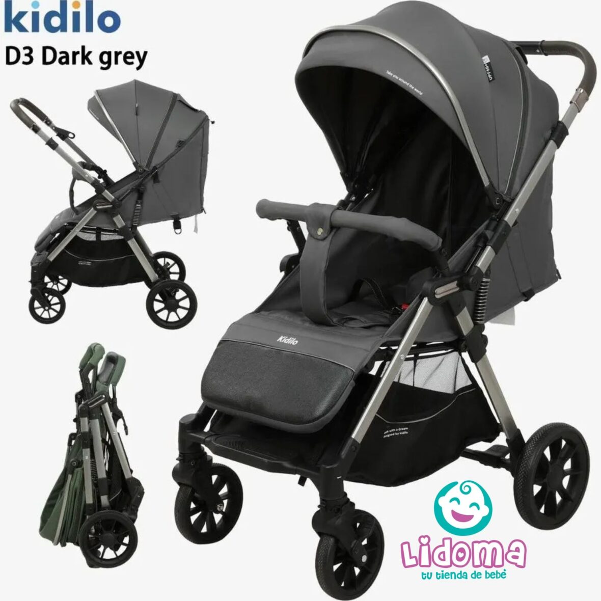 COCHE REVERSIBLE GRIS OSCURO KIDILO D3 PR-74GO